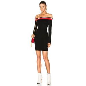 Mugler Paris Black Off‎ Shoulder Body Con Mini Dress Striped Trim Zipper Size 36